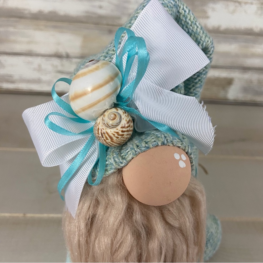 Gnome Beach Theme Aqua Flannel Sea Shells Coastal Home Decor Faux Fur Bows - Picture 4 of 11
